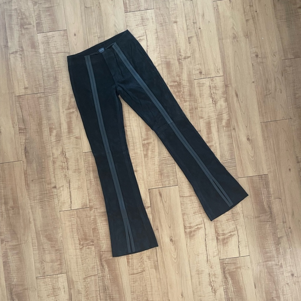 Brand New Vintage Genuine Suede Black Flared Pants with Leather Strips Detail